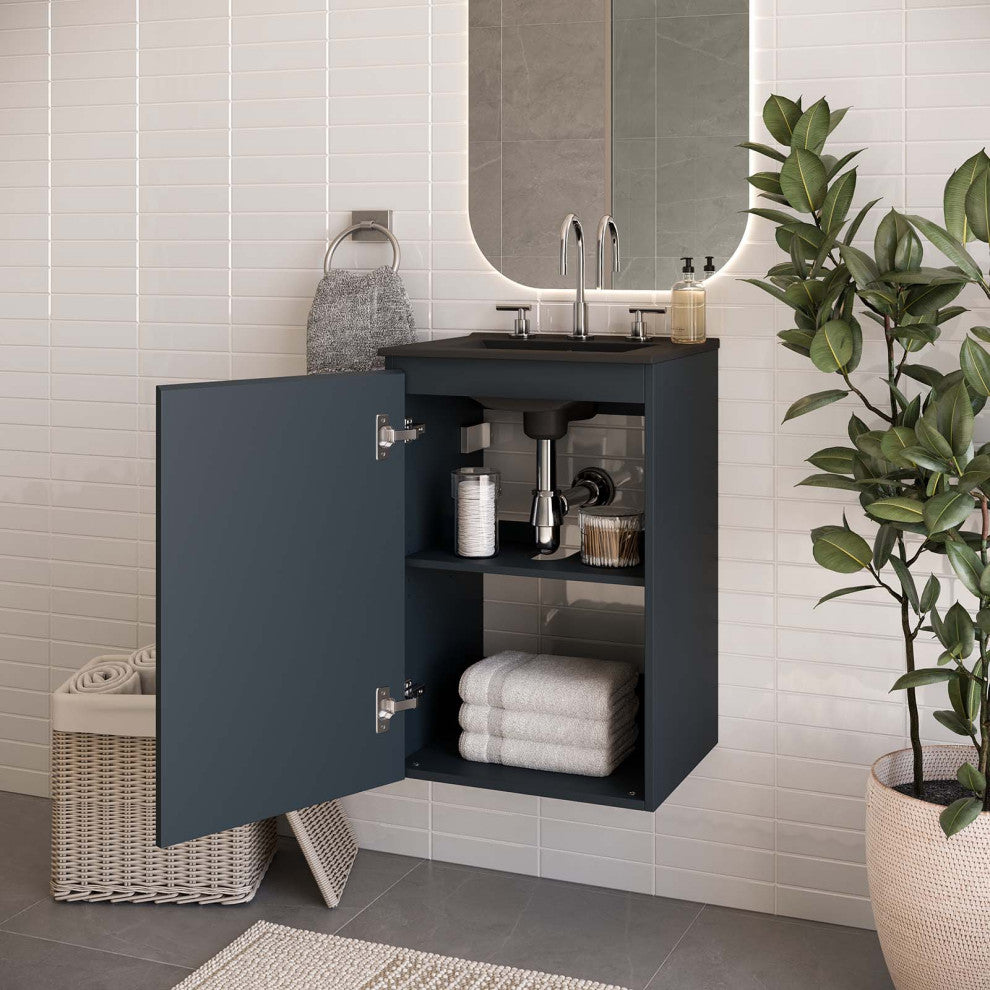 Sink Vanity Cabinet, Wall Mount, Gray Black, Ceramic, Modern, Bathroom