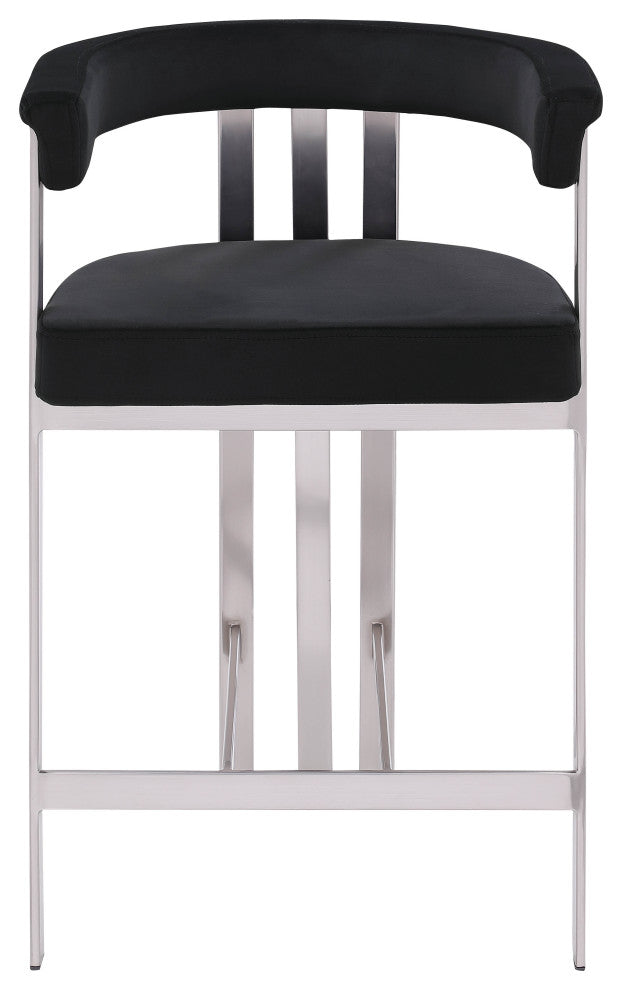 Marcello Upholstered Counter Stool, Black, Velvet, Brushed Chrome