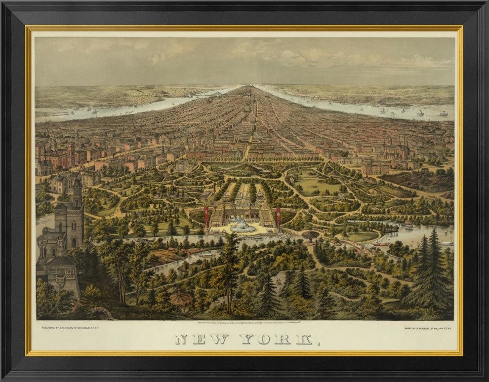 "Birds-eye view of Manhattan, New York" Framed Canvas Giclee by Unknown, 34x27"