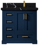 Boston 36 Right Offset Bath Vanity in Navy Blue 2" Calacatta Black
