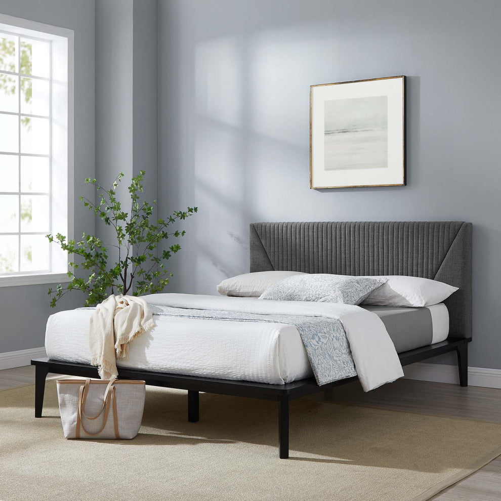 Platform Bed Frame, Queen Size, Black Gray, Wood, Modern, Mid Century