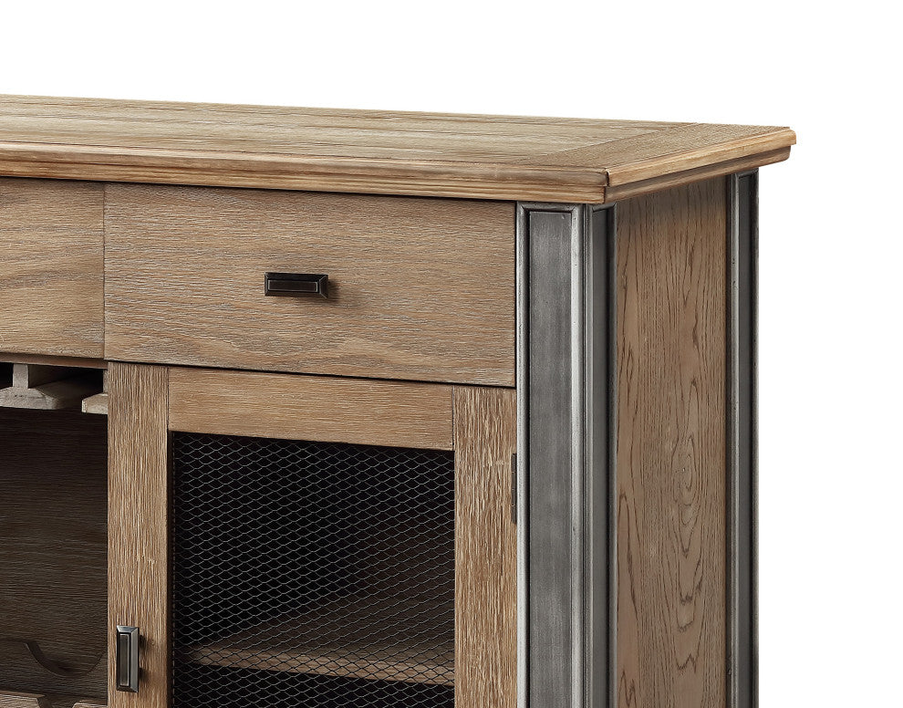 Benzara BM215015 Server With Mesh Metal Doors and Stemware Storage, Brown