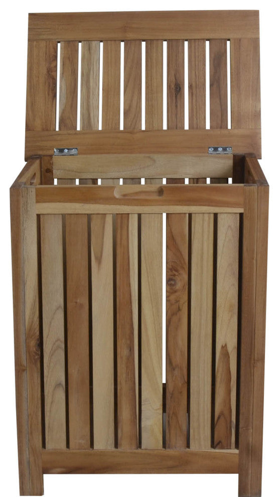 HomeRoots Compact Teak Laundy Storage With Removable Bag, Natural Finish