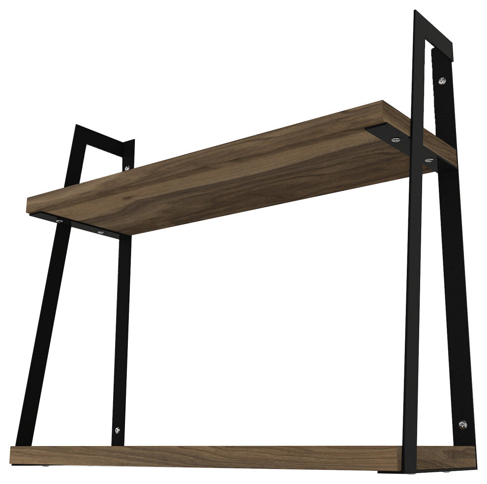 Benzara UPT-272760 2 Tier Wood Floating Wall Mount Shelf, Brown and Black