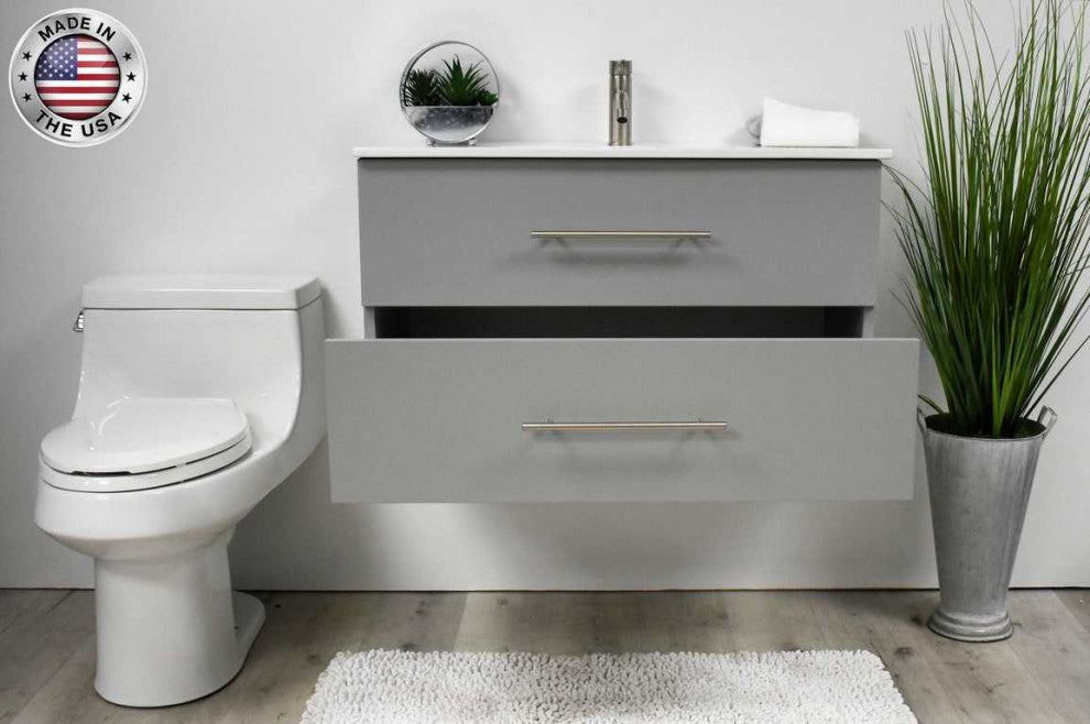 Napa 36" Modern Floating Bathroom Vanity With Ceramic Top and Round Handles, Gray