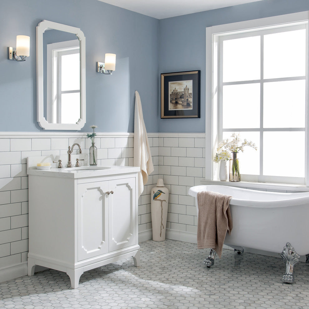 30" Wide Pure White Single Sink Quartz Carrara Bathroom Vanity