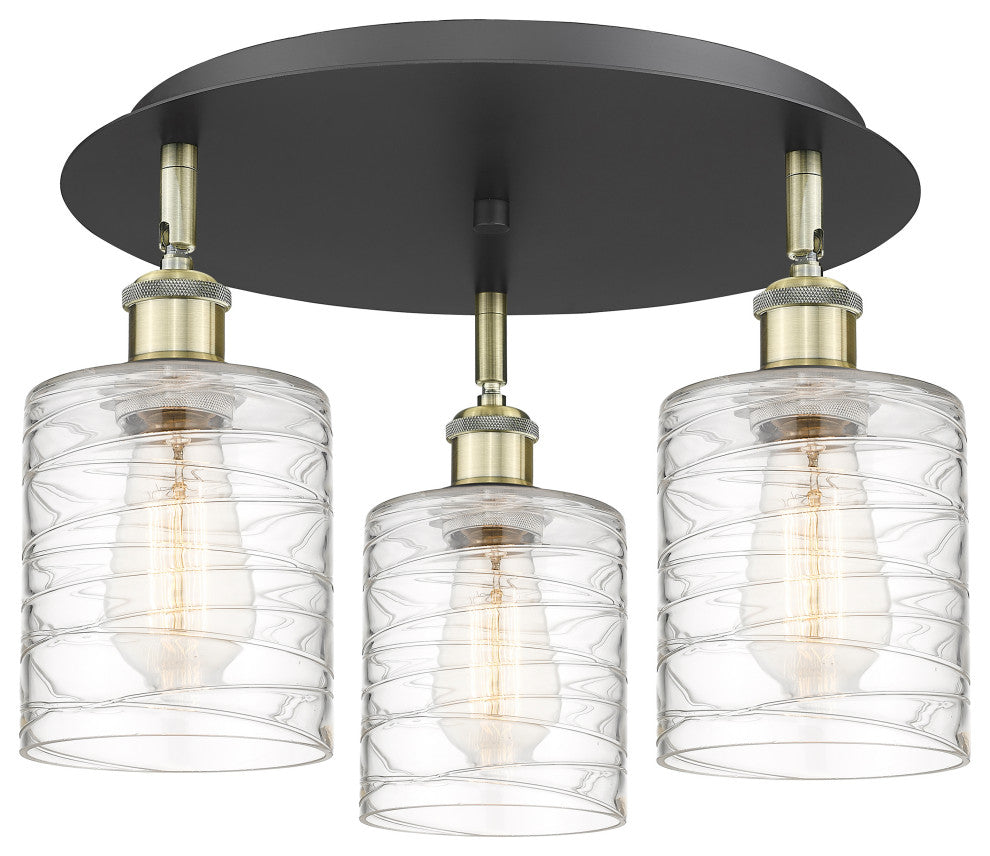 Cobbleskill-3 Light 17" Flush Mount-Black Antique Brass -Deco Swirl Glass Shade