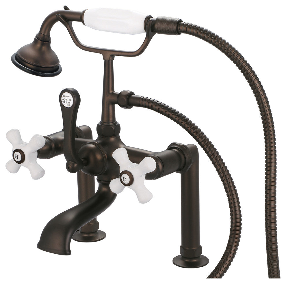 Vintage 7" Spread Deck Mount Tub Faucet w/6" Risers & Handshower, Cross handles