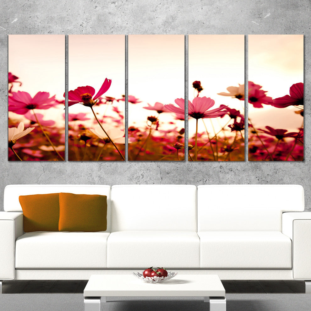 Cosmos Flowers on Pink Background, Floral Canvas Art Print, 60"x28", 5 Panels