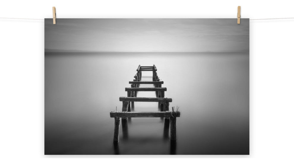 Soft Lake & Abandoned Pier Black & White Landscape Photo Loose Wall Art Print, 11" X 14"