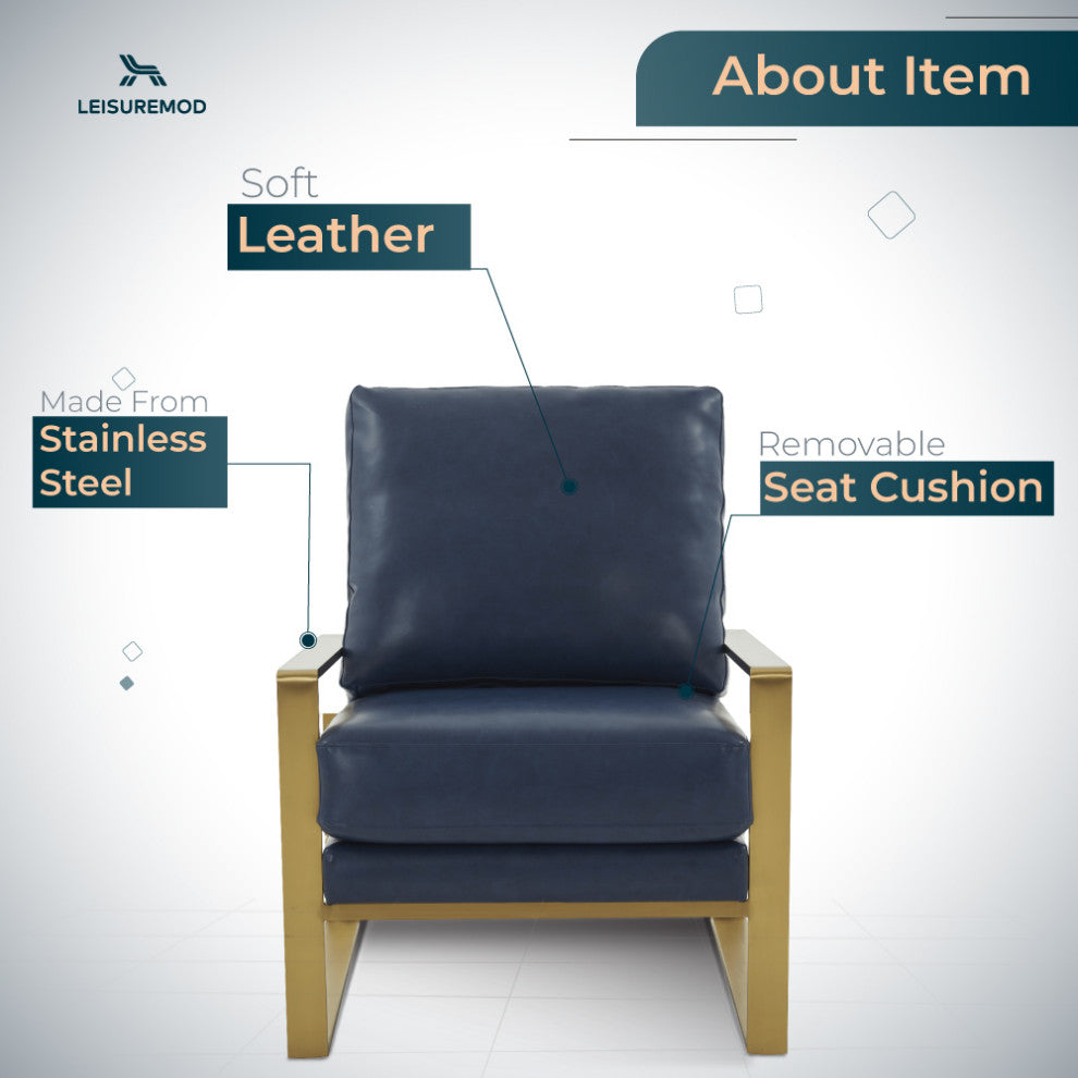 LeisureMod Jefferson Faux Leather Accent Armchair With Gold Frame, Navy Blue
