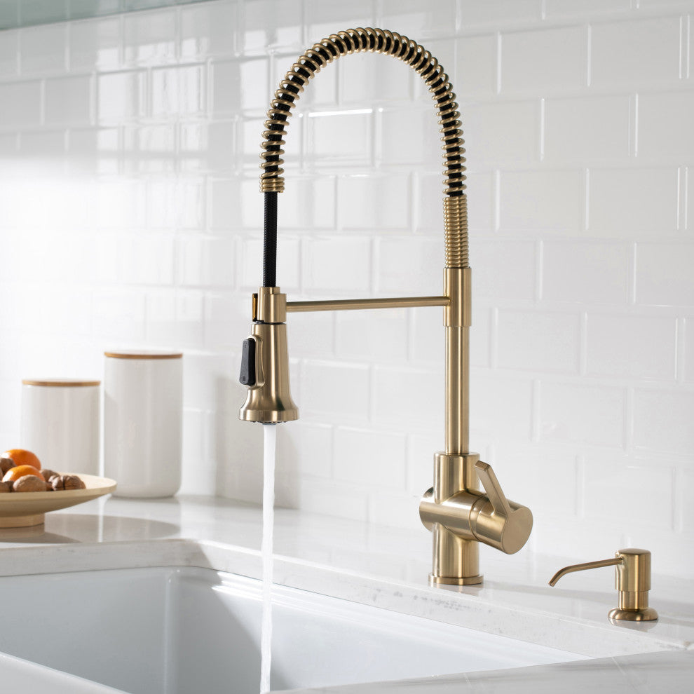 Britt Commercial Style 3-Function Pull-Down 1-Handle 1-Hole Kitchen Faucet, Spot Free Antique Champagne Bronze W/ Soap Dispenser