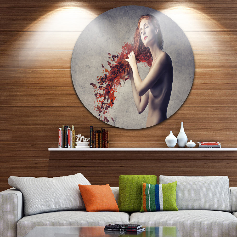 From Red Hair To Leaves, Contemporary Round Metal Wall Art, 23"