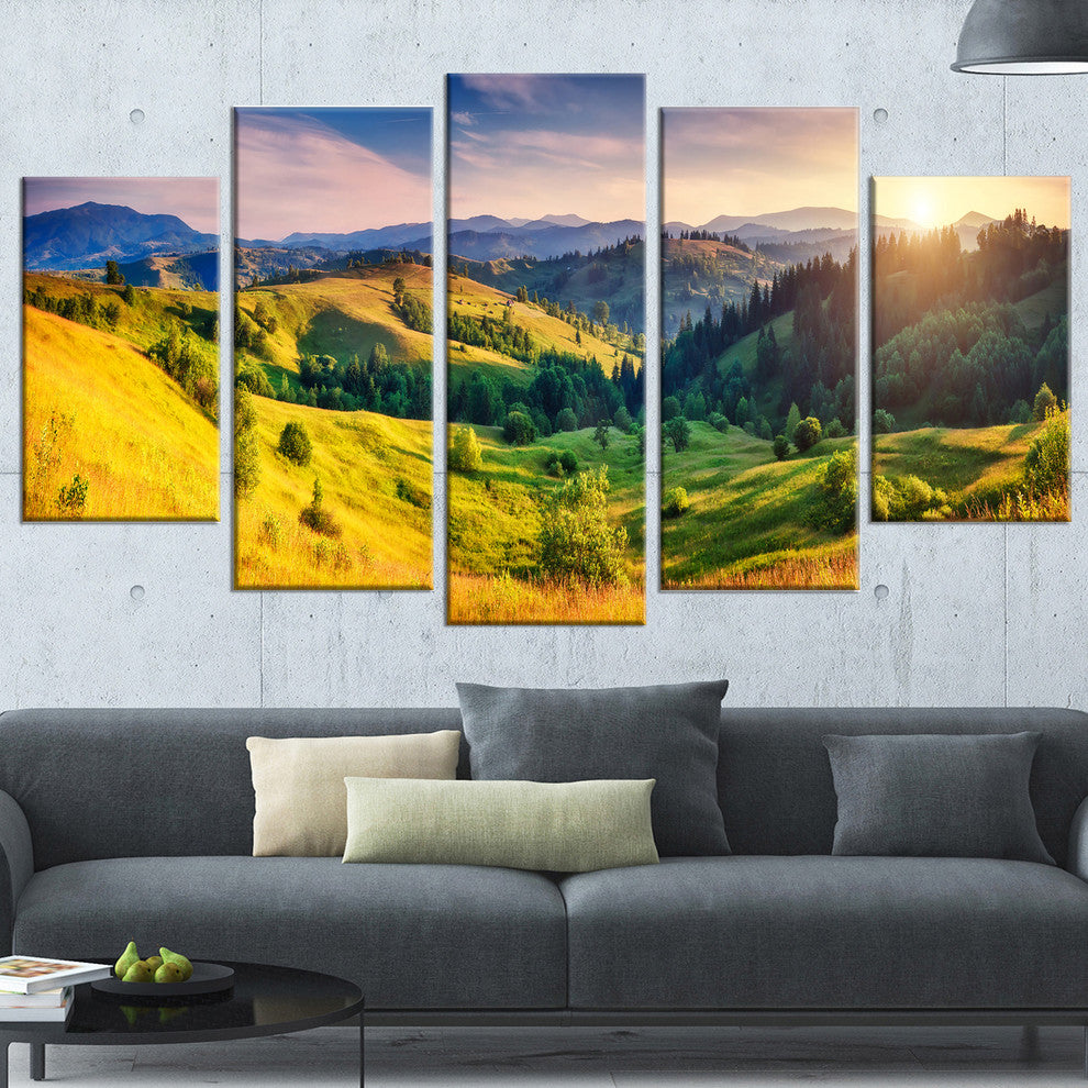 "Green Hills Glowing By Sunlight" Landscape Wall Art, 5 Panels, 60"x32"