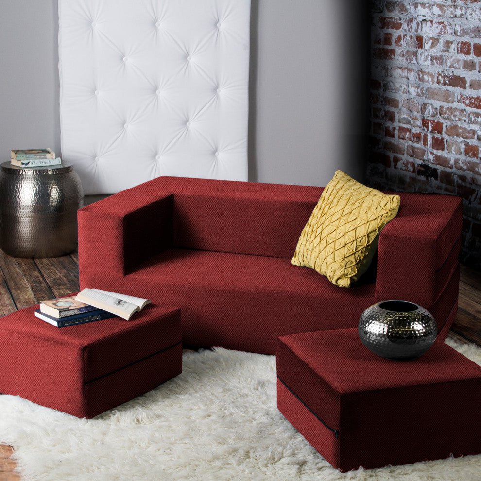 Zipline Convertible Sleeper Loveseat With 2 Ottomans, 3-Piece Set, Tomato