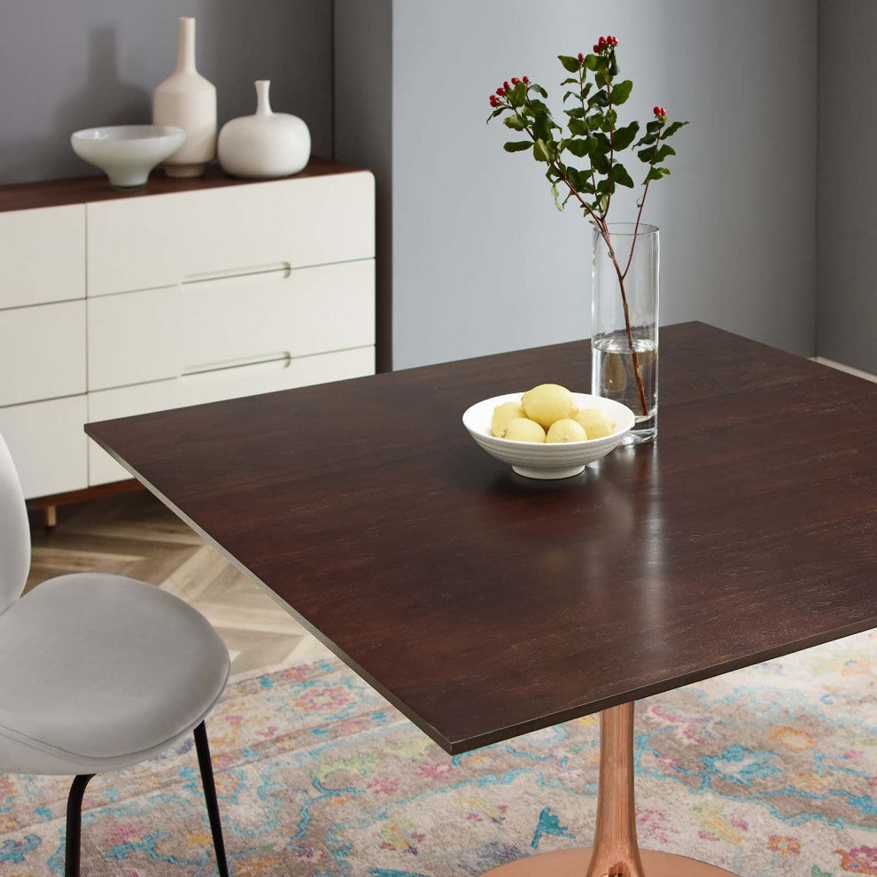 Dining Table, Square, Wood, Rose Gold Dark Brown Brown Walnut, Modern, Bistro