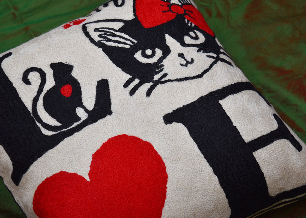 I Love Cats Decorative Pillow Cover Ivory Cream Whimsical Handmade Wool 18x18