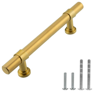 Satin Brass Gold T Bar Handle Pull 3-3/4" (96mm) Hole Centers, 6" Length
