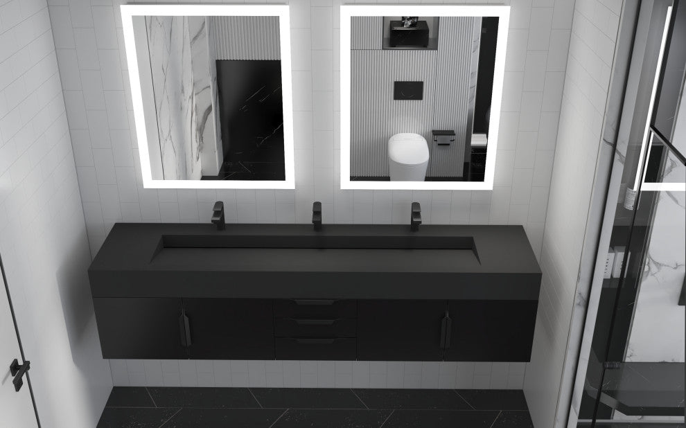 CastelloUSA Nile 84" Wall Mounted Bathroom Vanity Set, Black, Black Top, Black Handles