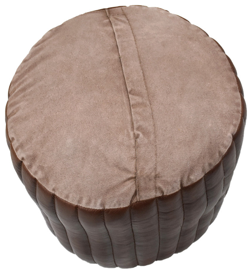 Poufs-Solid Handmade Goat Leather Pouf, Recycled Cotton Fill, Brown, 18x18x18 Round