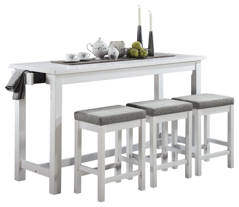 4 Pieces Pub Set, Cushioned Stools & Large Table With Charging Station, White