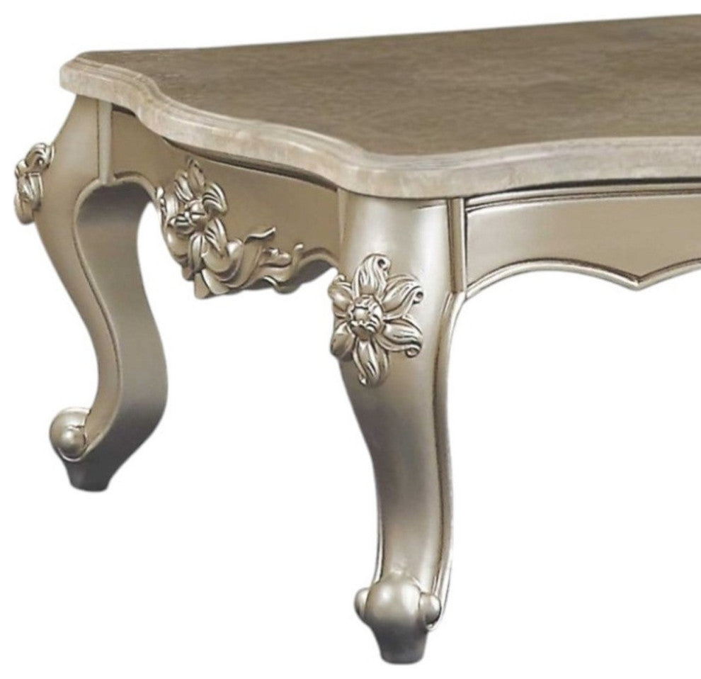 57" Beige Genuine Marble And Solid Wood Coffee Table