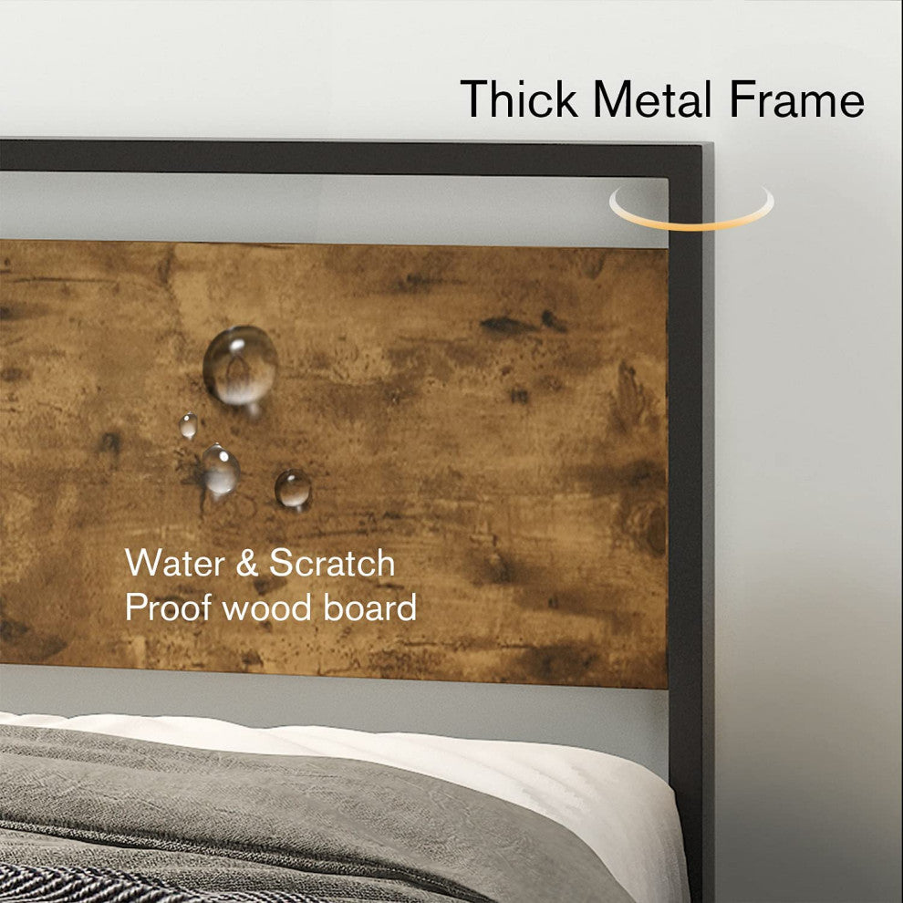 Queen Size Bed Frame with Industrial Wooden Headboard