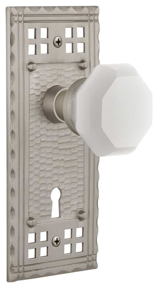 Craftsman Plate Interior Mortise Waldorf White Milk Glass Knob, Satin Nickel