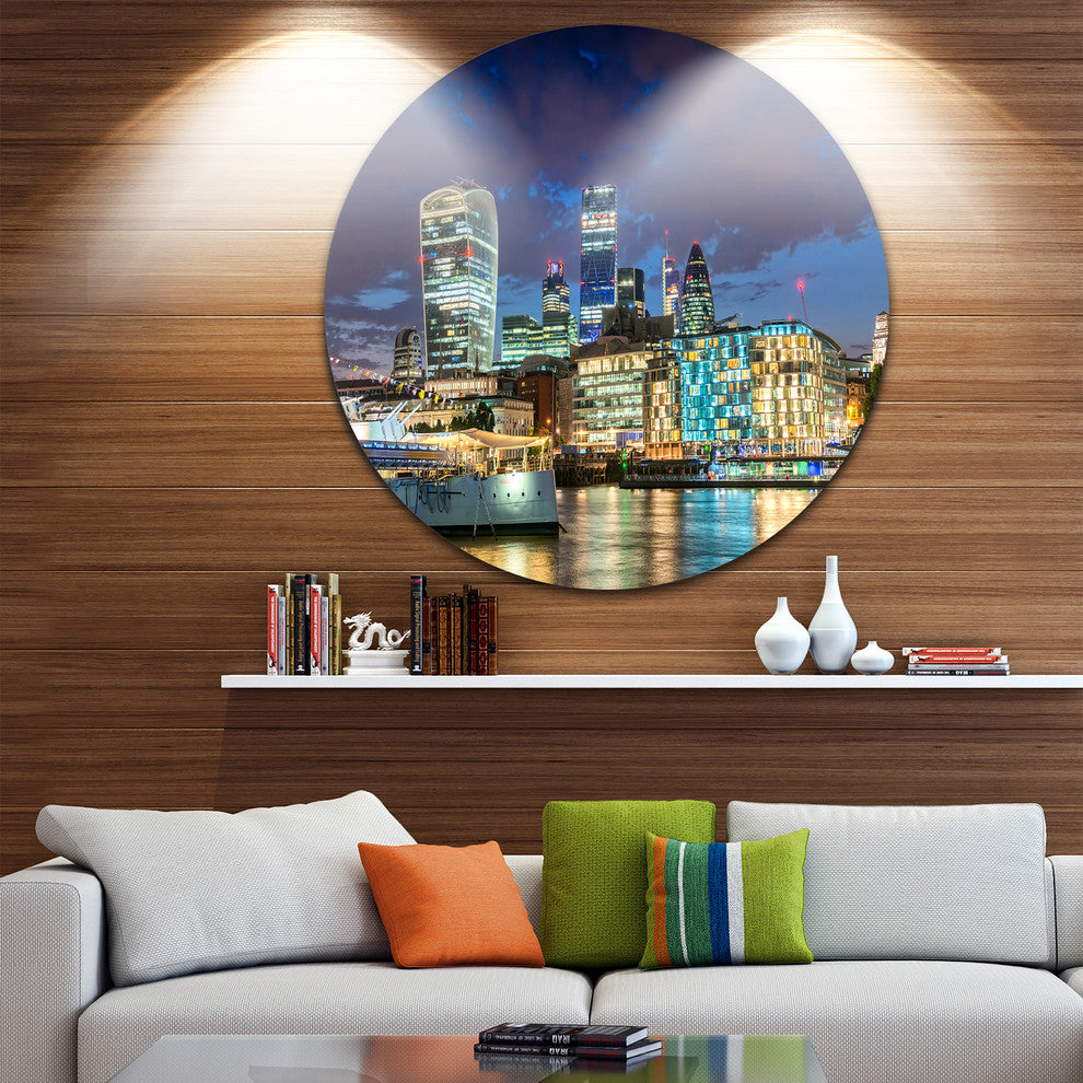 Thames River At Night, Cityscape Photography Disc Metal Wall Art, 23"