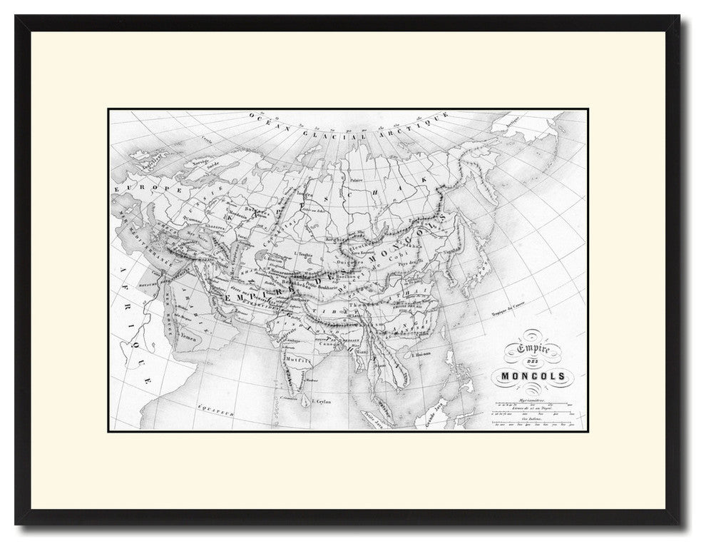 Mongolian Empire Asia Map Print On Canvas With Black Custom Frame, 16" X 21"