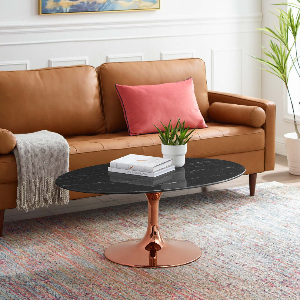 Coffee Table, Oval, Artificial Marble, Metal, Rose Gold Black, Modern, Lounge