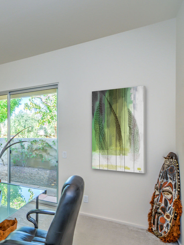 "Emerald Feathers" Print on White Wood, 24"x36"