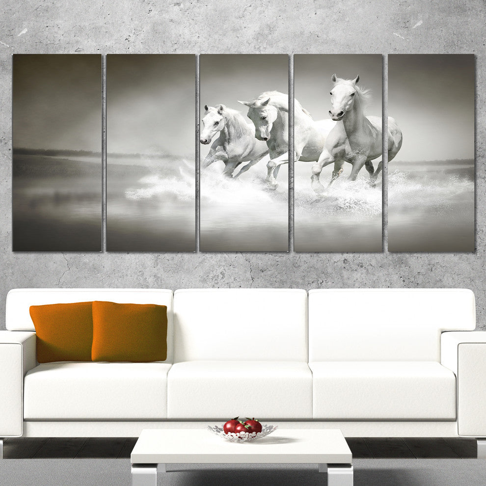 Horses Running Through Water, Oversized Animal Wall Art, 60"x28", 5 Panels