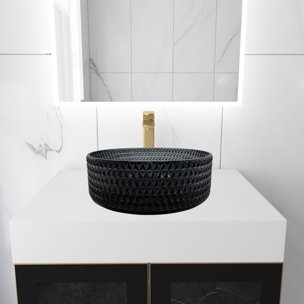 CastelloUSA Scotch Round Glass Crystal Bathroom Vessel Sink Basin, Black, 16"
