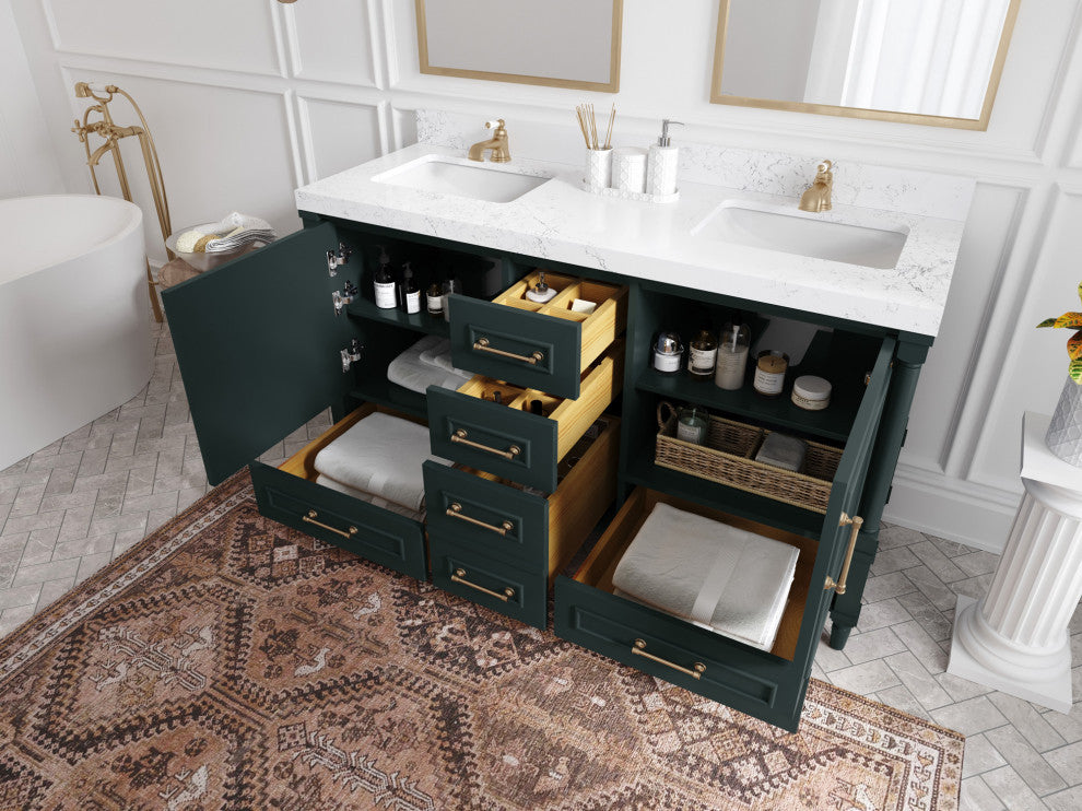 Aberdeen 60 Double Bathroom Vanity in Dark Forest Green 2" Carrara Quartz