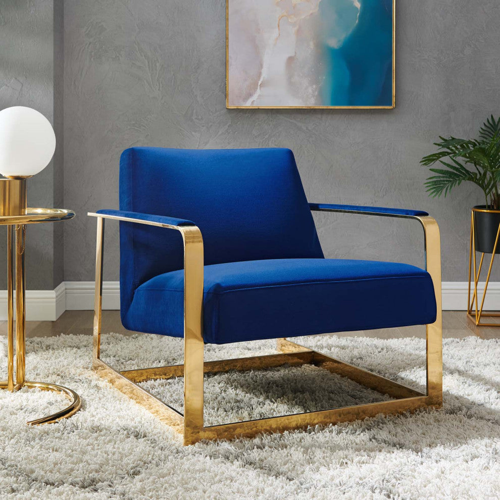 Accent Chair, Velvet, Metal, Gold Blue Navy, Modern, Living Lounge Hospitality