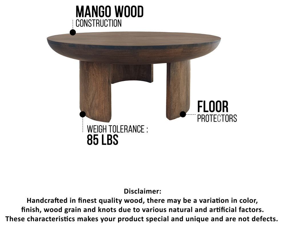 35" Coffee Table Round Mango Wood Top Curved Tripod Legs Walnut Brown Finish