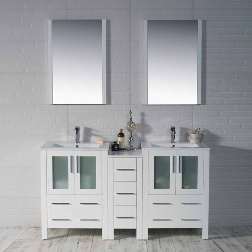 Sydney 60" Double Vanity Set With Mirrors, Glossy White No Mirror