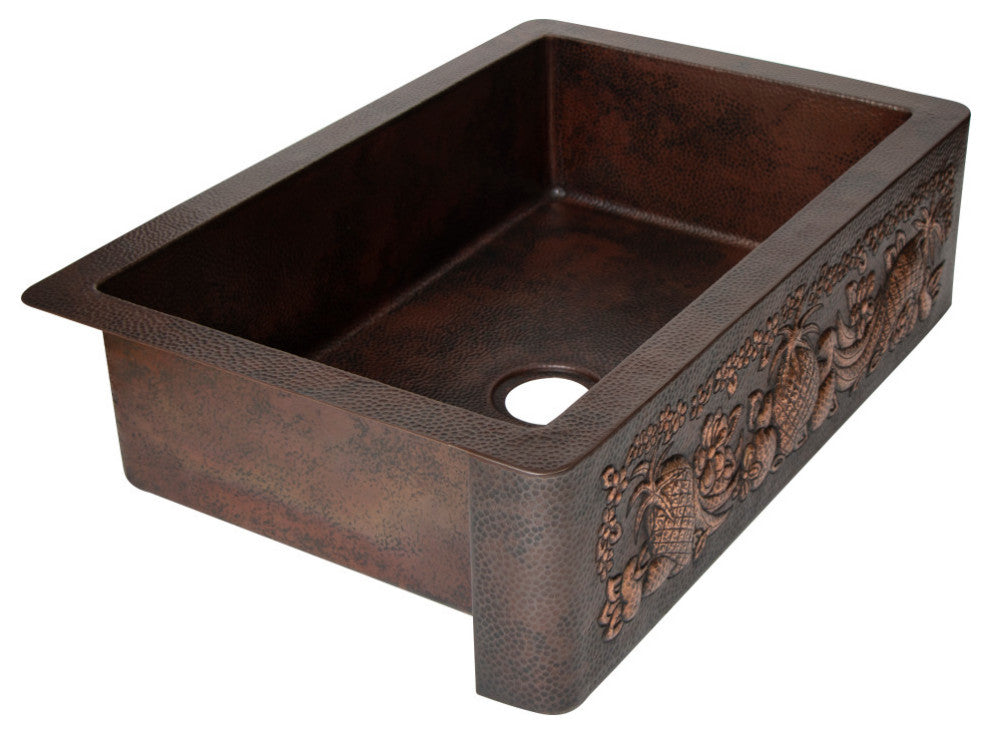 33" Farmhouse One Bowl Fruits Apron Hammered Copper Kitchen Sink, 16 Gauge