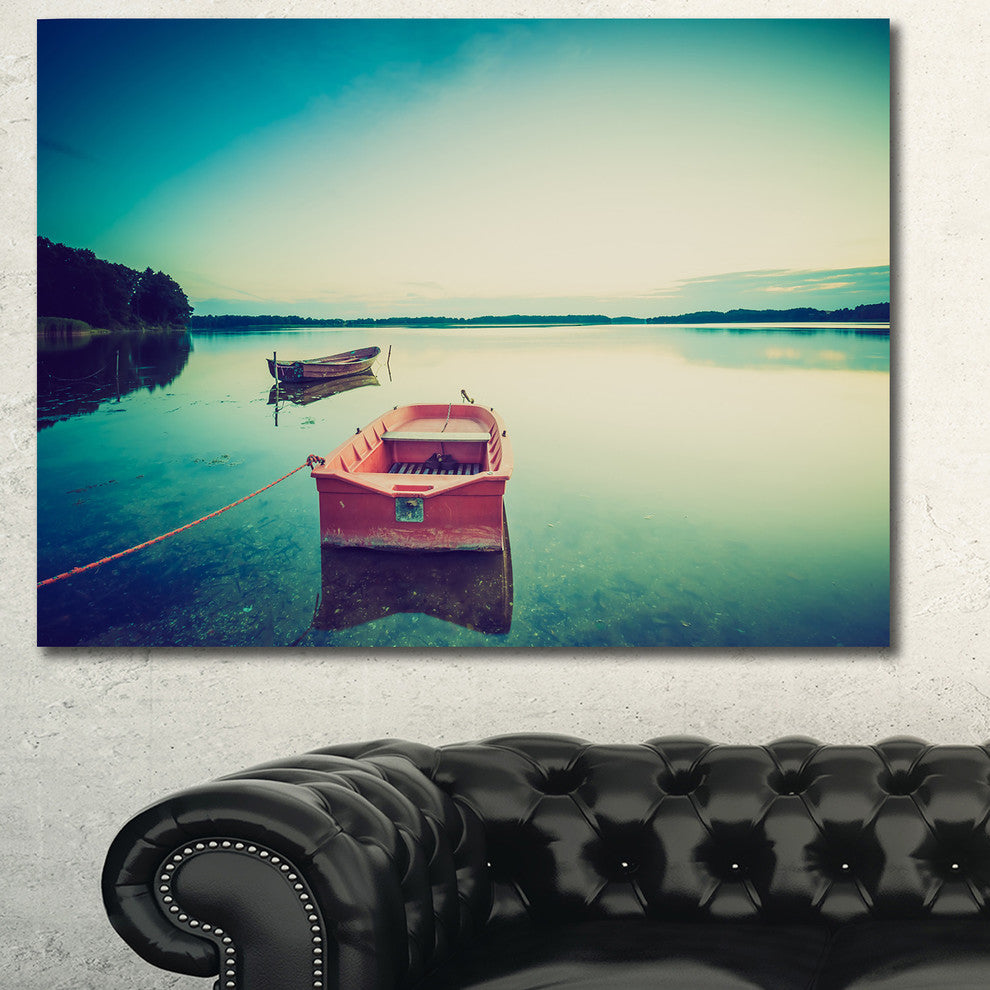 Pink Boat in Vintage Lake, Boat Canvas Art Print, 40"x30"