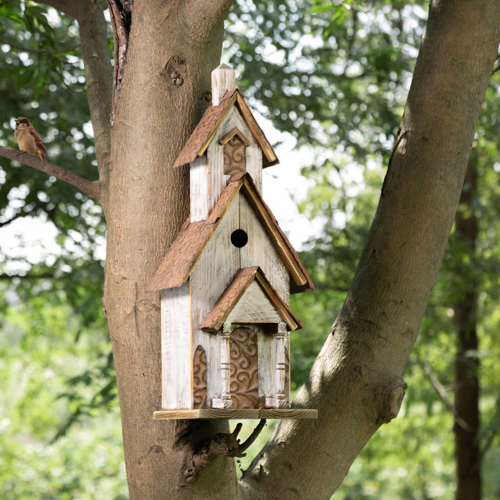 23.62" Oversized Rustic Wood White Birdhouse