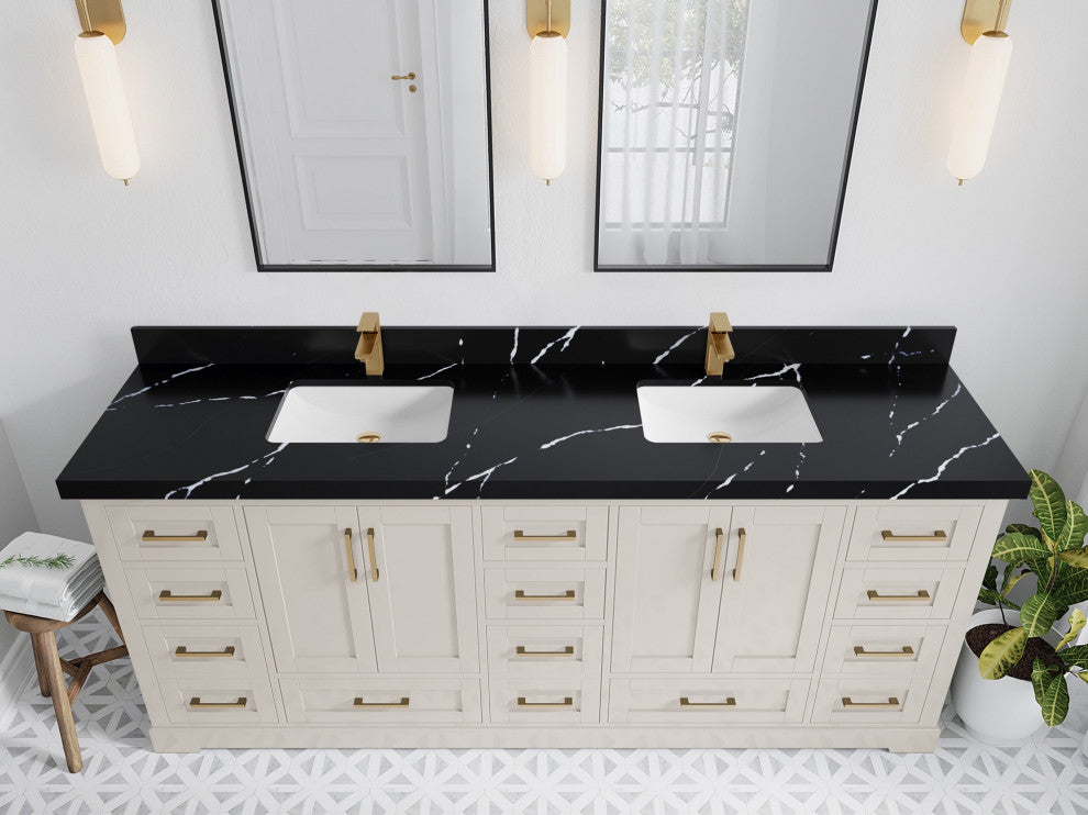 Boston 84" Double Sink Bath Vanity in Fine Grain 2" Calacatta Black
