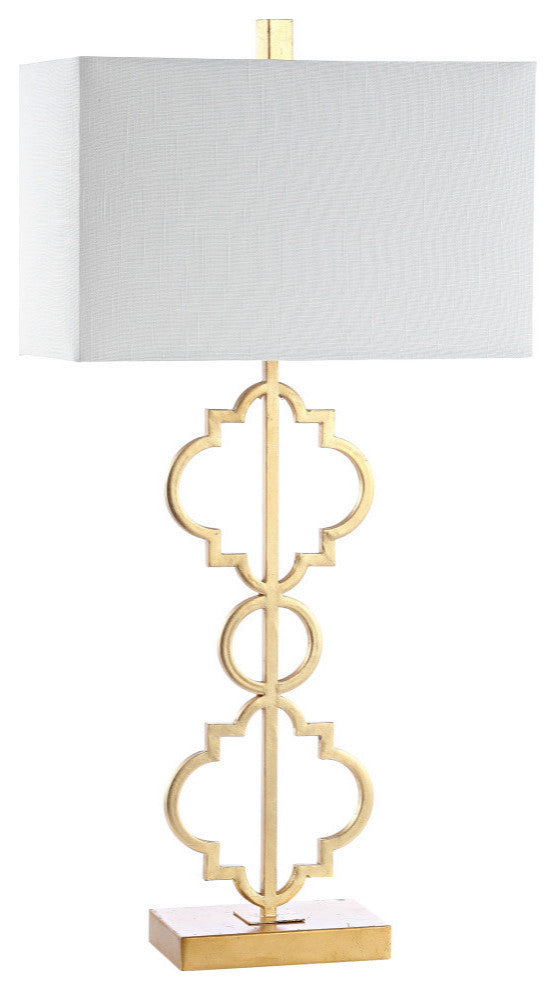 Selina 32" Iron Ogee Trellis Modern LED USB Table Lamp, Gold by JONATHAN Y