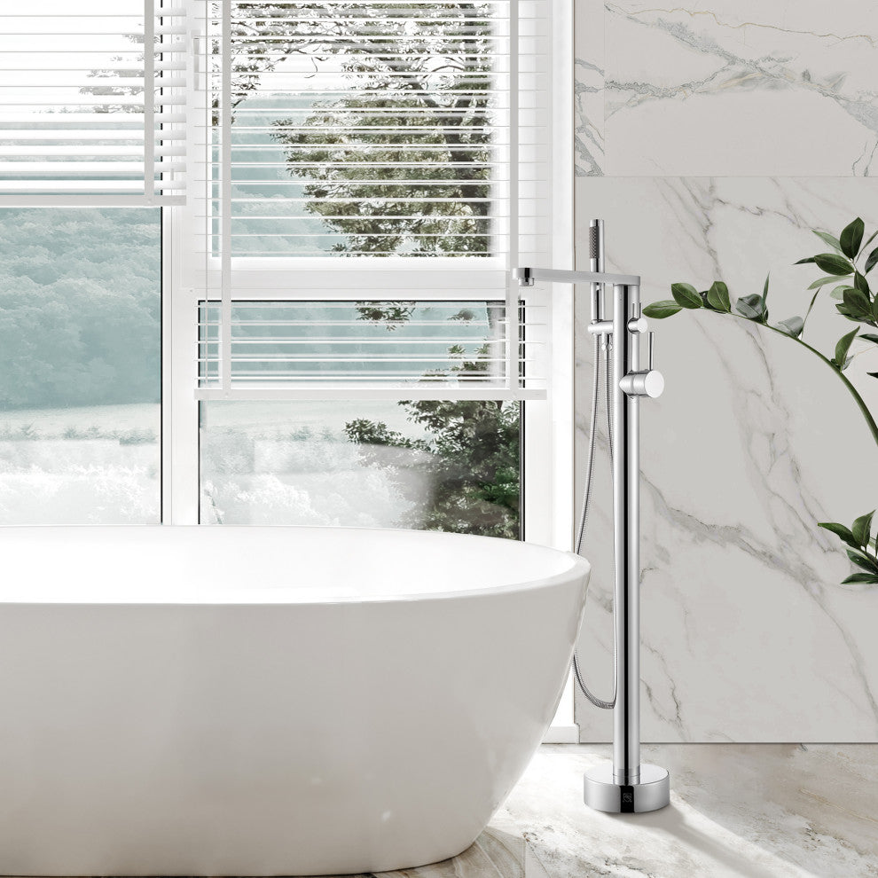 Allario Double Lever Handles Freestanding Floor Mounted Tub Filler, Polished Chome
