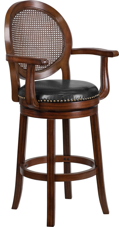 30" High Expresso Wood Barstool With Arms and Black Leather Swivel Seat