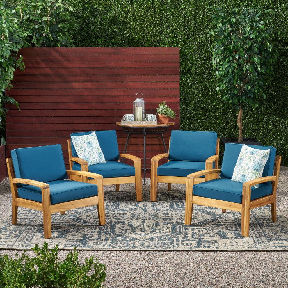 Monterey Outdoor Acacia Wood Club Chairs With Cushions, Set of 4, Teak Finish and Dark Teal