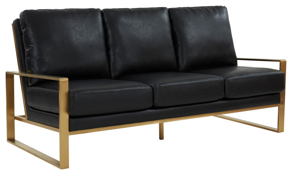 LeisureMod Jefferson Modern Design Faux Leather Sofa With Gold Frame, Black