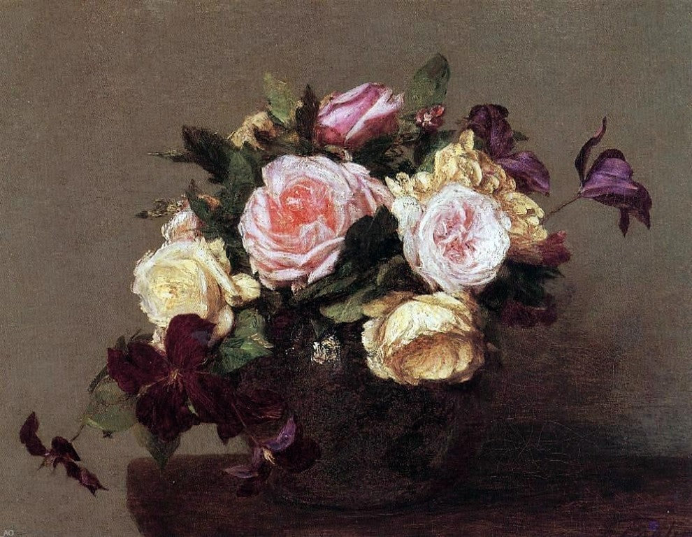 Henri FantinLatour Roses and Clematis Premium Canvas Print