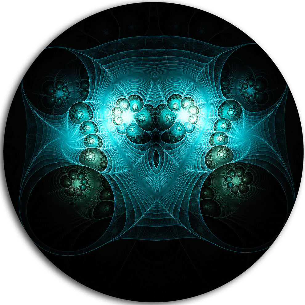 Bright Blue In Black Fractal Flower, Abstract Round Wall Art, 23"