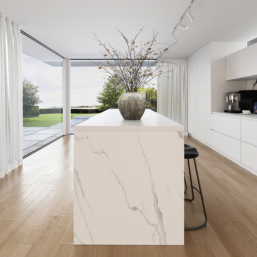 72" Large Kitchen Island with Storage Kitchen Cabinet Marble Veneered Top, White